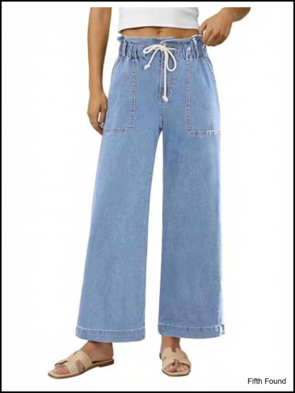 Wide Leg High Waisted Elastic Waist Drawstring Stretchy Denim Pants Trouser